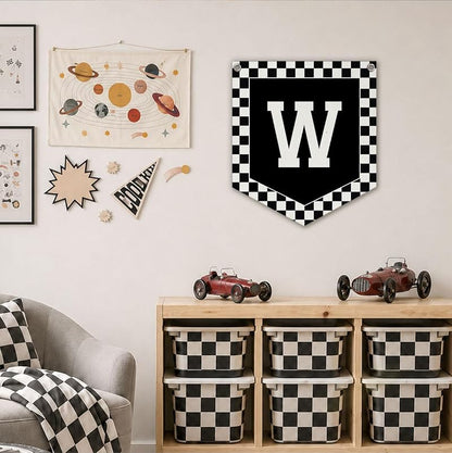 Racing Checkered Initial Pennant Flag - Personalized Name Gift for Boy Bedrooms (Variation room-W)