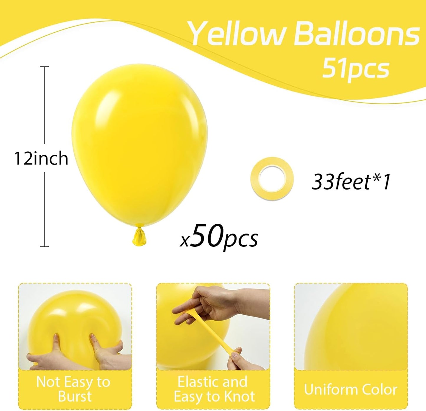 Awenztech Yellow Balloons - 12-Inch Latex Balloons | 50-Pack for Baby Showers & Birthday Parties