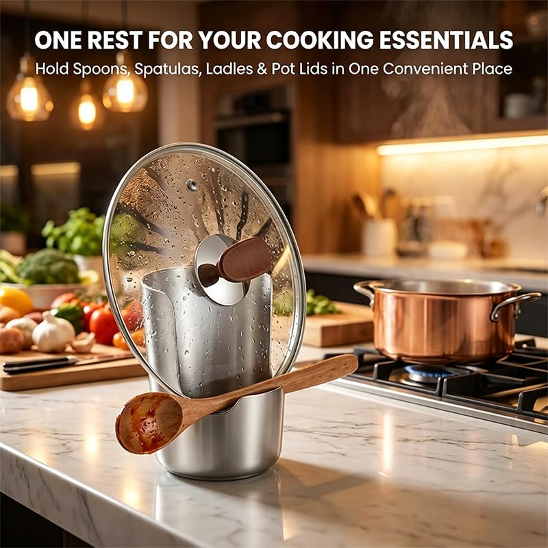 Stainless Steel Spoon Rest with Pot Lid Holder - 1 Piece Kitchen Organizer