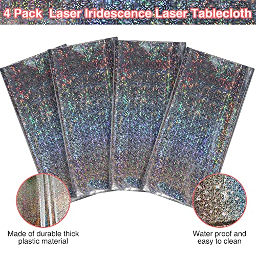 Silver Iridescent Plastic Tablecloths 4 Pack - Shiny Disposable Rectangular Covers