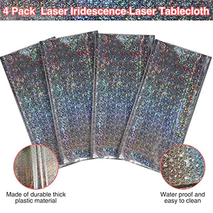 Silver Iridescent Plastic Tablecloths 4 Pack - Shiny Disposable Rectangular Covers