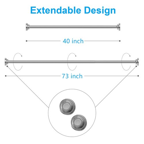 TEECK Shower Curtain Rod, 40-73 inch Adjustable Tension Spring, Premium Stainless Steel, Anti-Slip, No Drilling, No Rust, Never Collapse, for Bathroom, Easy to use
