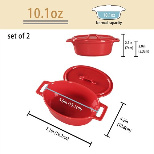 Ceramic Mini Oval Cocotte Set - 10 Oz Small Casserole Dishes with Lids & Handles | Red 7.1 Inch, Oven & Microwave Safe