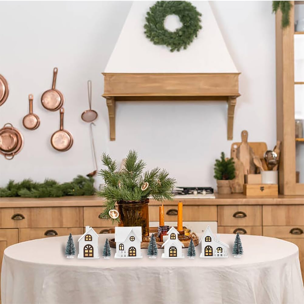 Ovootok Christmas Sculpture Set - 9-Piece Wood & Plastic Decor with 4 LED Houses & 5 Frosted Trees