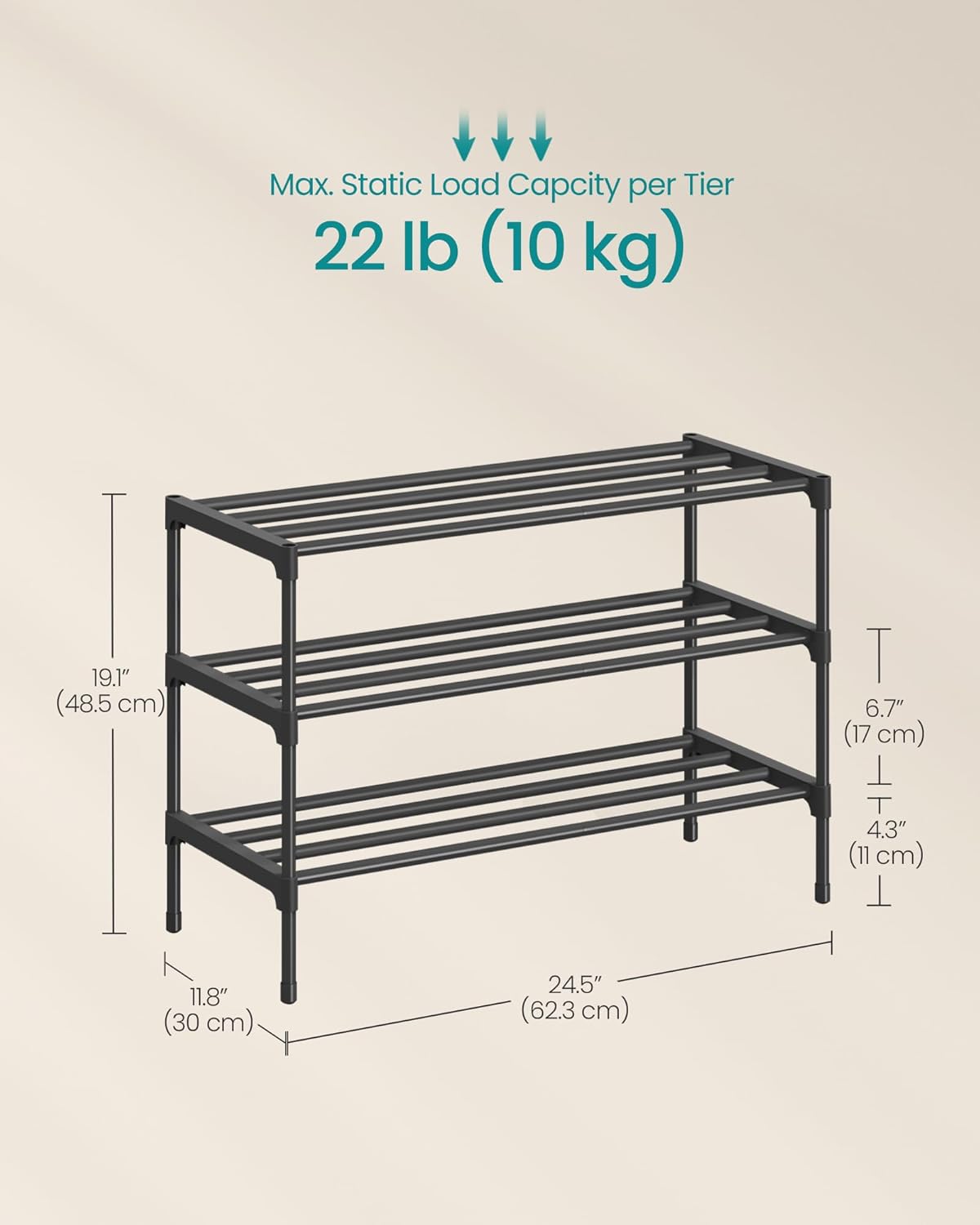 SONGMICS 3-Tier Shoe Rack - Compact Metal Organizer for Entryway & Bedroom | Stackable, Black, 11.8 x 24.5 x 19.1 Inches
