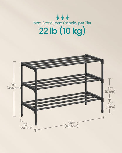 SONGMICS 3-Tier Shoe Rack - Compact Metal Organizer for Entryway & Bedroom | Stackable, Black, 11.8 x 24.5 x 19.1 Inches