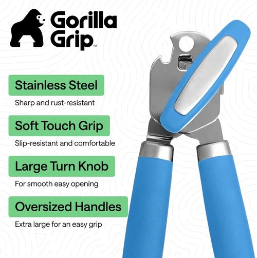 GORILLA GRIP Heavy Duty Can Opener - Stainless Steel with Comfortable Handle | Multifunctional Kitchen Tool in Aqua