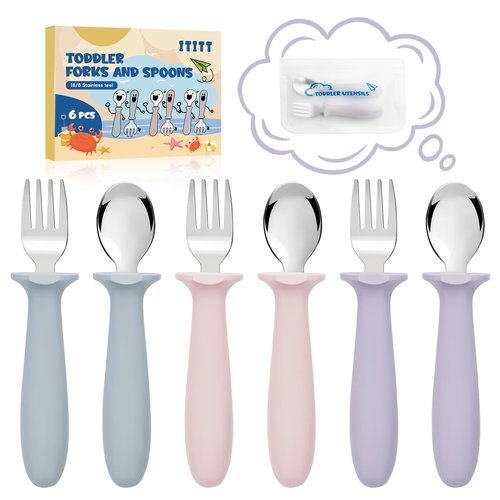 6 PCS Toddler Utensils Kids Silverware Set with Silicone Handle Children Food Grade 18/8 Stainless Steel Toddler Forks and Spoons Safe Anti-Choke Design Mirror Polished Sturdy Durable Dishwasher Safe