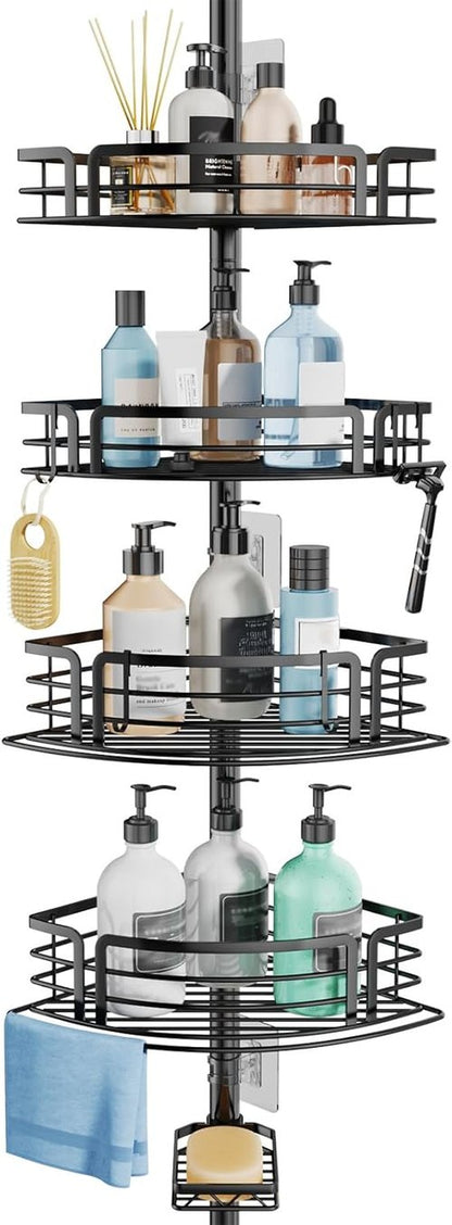 Consumest Corner Shower Caddy Tension Pole - Adjustable Rustproof Bath Organizer with Towel Bar & Soap Holder | 27.6-108.3 Inch, Black