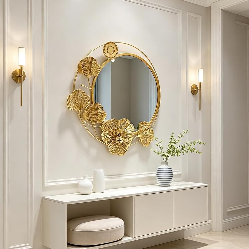 Gold 18" Round Wall Mirror with 3D Ginkgo Leaf Floral Frame