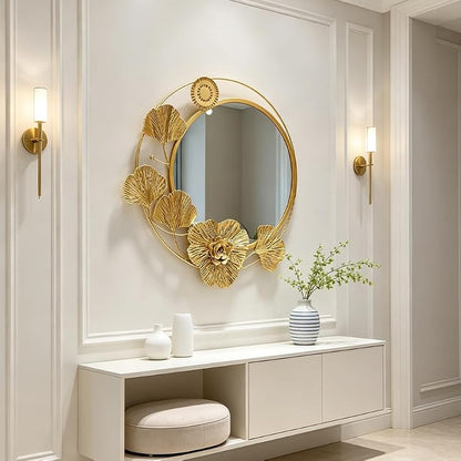 Gold 18" Round Wall Mirror with 3D Ginkgo Leaf Floral Frame