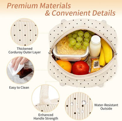 Coobiiya Lunch Bag - Insulated, Leakproof Corduroy Tote for Men & Women | Large Capacity, Cute Design