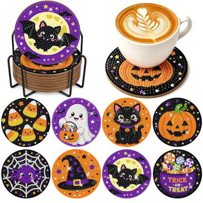 Halloween Diamond Art Coaster Set with Holder - Cat Spider Pumpkin Bat Ghost DIY Crafts Kit - Variation Halloween-7
