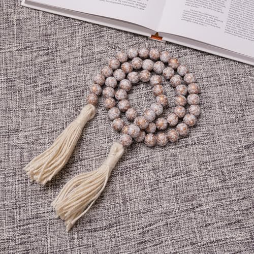 Distressed Wood Bead Garland with Tassels - Rustic Farmhouse Decor 40in
