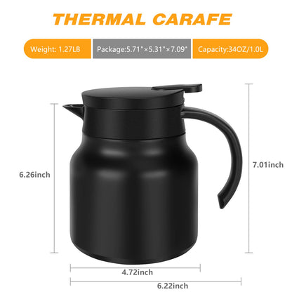 34oz Thermal Coffee Carafe, Stainless Steel Insulated Vacuum Thermos Coffee Carafes For Keeping Hot/Cold, Travel Size Coffee Carafe Airpot, Tea, Water, Beverage Dispenser, Black