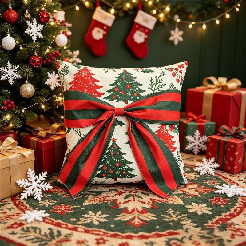 Christmas Pillow Covers 18x18 Inches Set of 2 - Red Pine Cones & Green Plant Prints