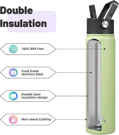 Skiennix Insulated Water Bottle - 24oz Stainless Steel Sport Bottle with 3 Lids | Macaron Green