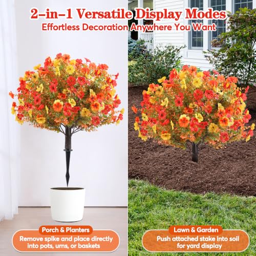 Artificial Fall Flower Topiary Set with Stakes - 27.5 Inch, Orange, Yellow, Red