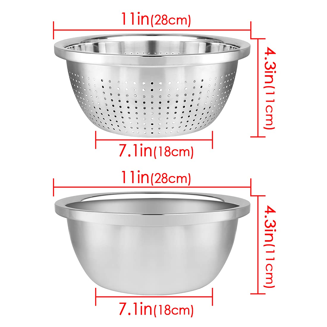 Linkidea 11" 304 Stainless Steel Colander with Bowl Set of 2, Kitchen Strainer, Washer, Drainer Basket with Basin for Vegetable, Fruits, Pasta, Salad Mixing, Food Prep, Dishwasher Safe