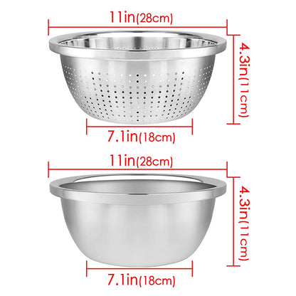 Linkidea 11" 304 Stainless Steel Colander with Bowl Set of 2, Kitchen Strainer, Washer, Drainer Basket with Basin for Vegetable, Fruits, Pasta, Salad Mixing, Food Prep, Dishwasher Safe