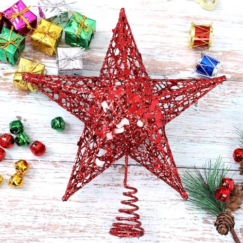URATOT 8-Inch Red Glitter Christmas Tree Topper Metal Star Treetop Holiday Decoration