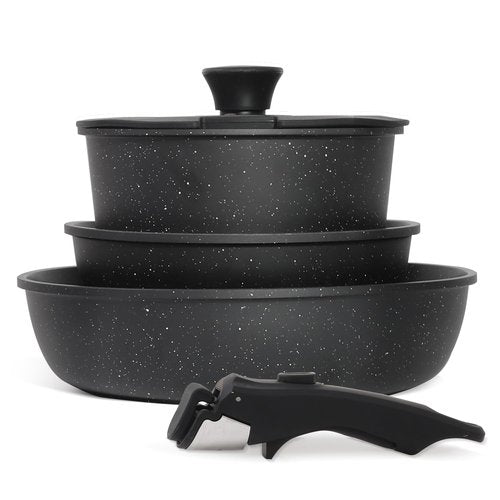 Cuisinluv 5PCS Pots and Pans Set Non Stick, Kitchen Cookware Sets with Detachable Handle, Ceramic Cookware Sets, Non Stick RV Cookware Cooking Set, Dishwasher ＆ Oven Safe, PFOA Free, Black