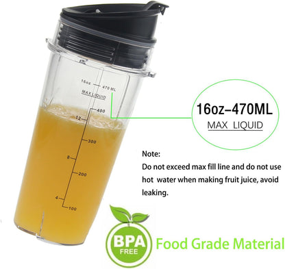 Ninja 16oz Replacement Cups - Compact Personal Blender Single Serve Cup Set with Seal Lids | 2 Pack