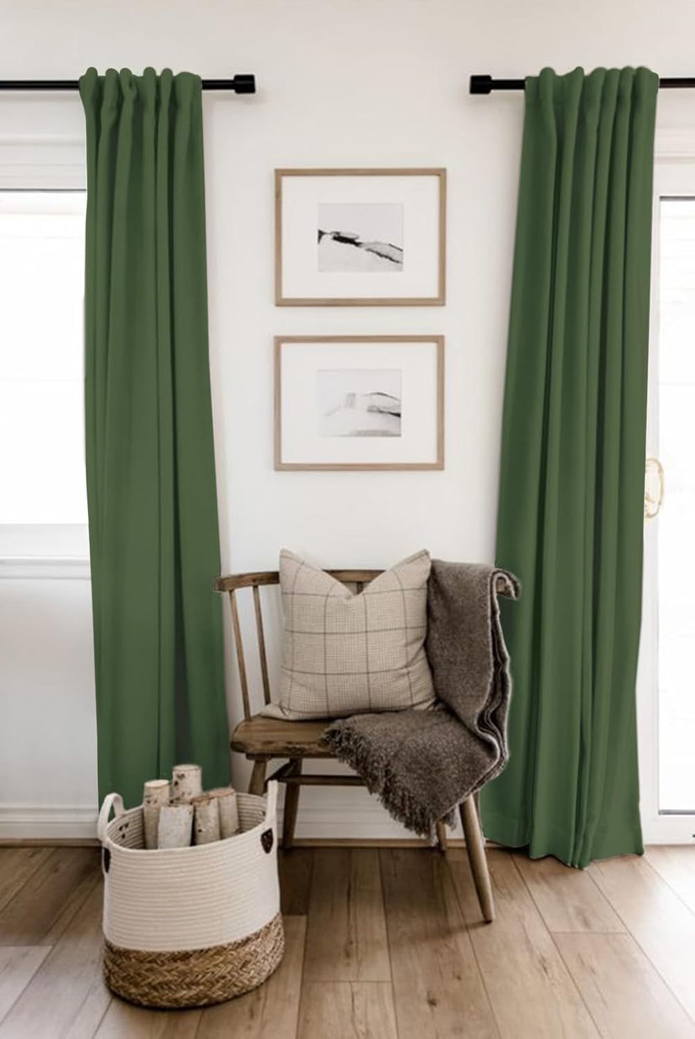Skiennix 100% Blackout Linen Curtains - Thermal Insulated Drapes, 50" W x 108" L, Moss Green - 2 Panels Set