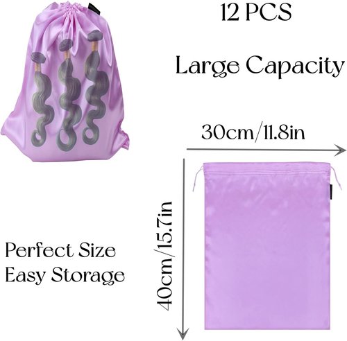 GONGKANGYUAN Satin Wig Bags - 12 Pcs Soft Silk Drawstring Pouches for Hair Extensions | Violet Color