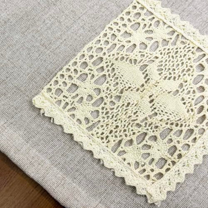 Boho Linen Oven Curtain with Crochet Storage Pocket - Beige, 30x24 Inches