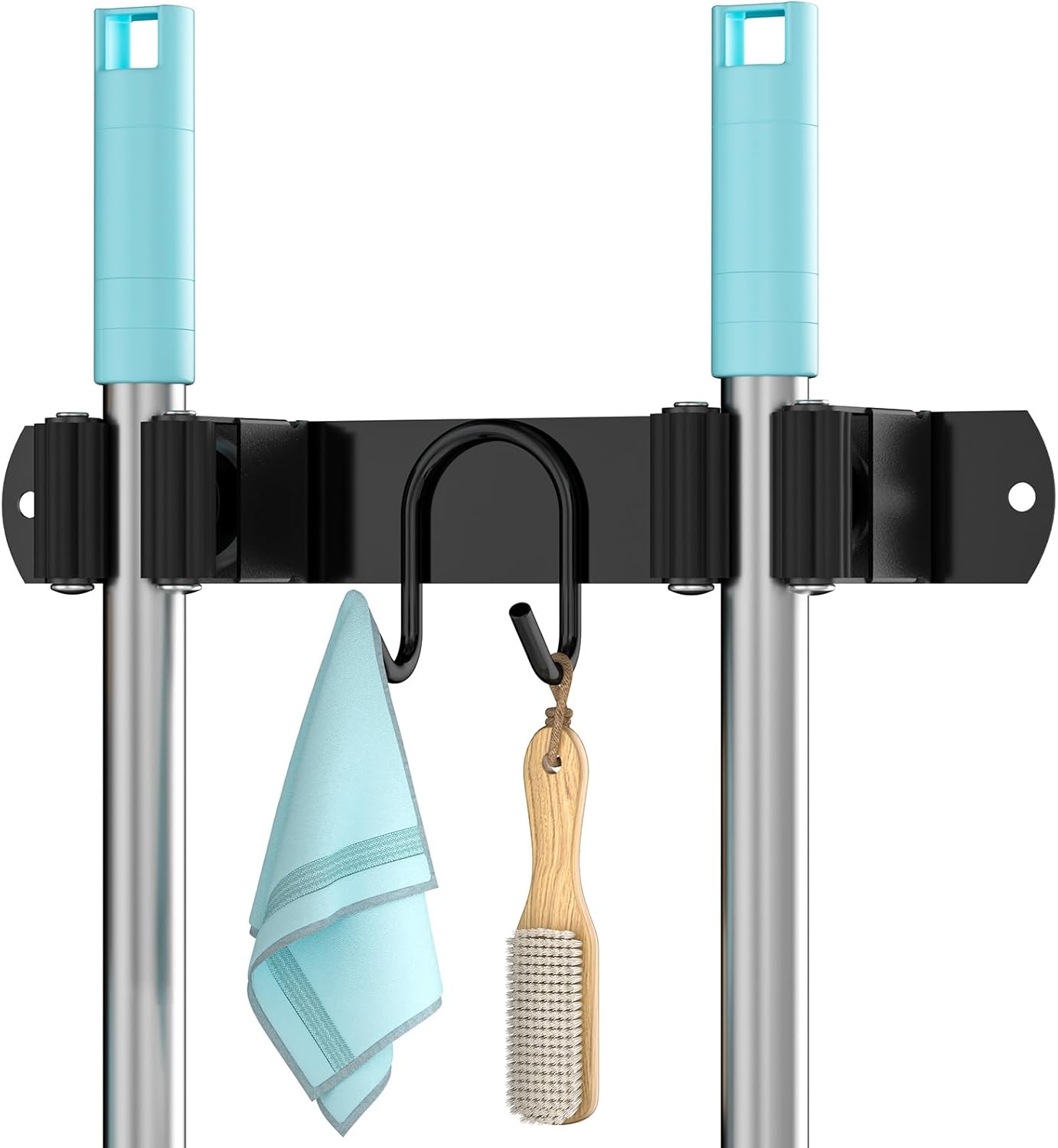 Stainless Steel Broom Holder Wall Mount - 2 Slots & 2 Hooks Organizer for Home, Garage & Garden