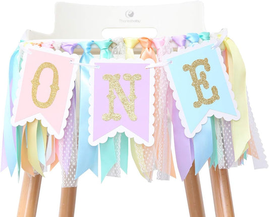 Rainbow High Chair Banner - Colorful 1st Birthday Photo Prop for Baby Girl Cake Smash | Macaron Colors