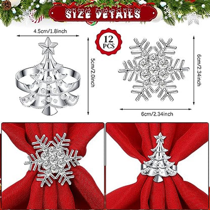 Christmas Napkin Rings Set Snowflake and Tree Metal Holiday Decor - 24 pcs