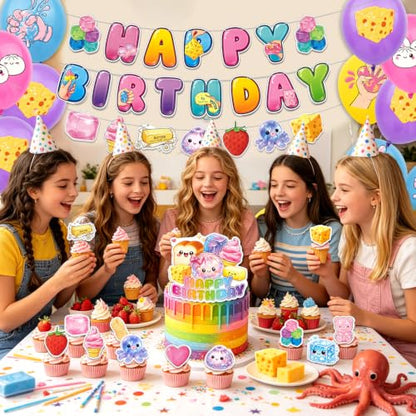 Squishy Birthday Party Decorations Set with Backdrop, Banners, Balloons, Cake & Cupcake Toppers – 33 Pieces
