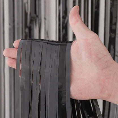 Voircoloria Black Foil Fringe Backdrop Curtains - 3 Pack Tinsel Streamers for Parties & Events | 3.3x8.2 Feet