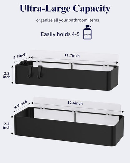 Kitsure Shower Caddy - Rustproof Metal Organizer | No-Drill Adhesive Shelves, Black, 2 Pack, X-Large