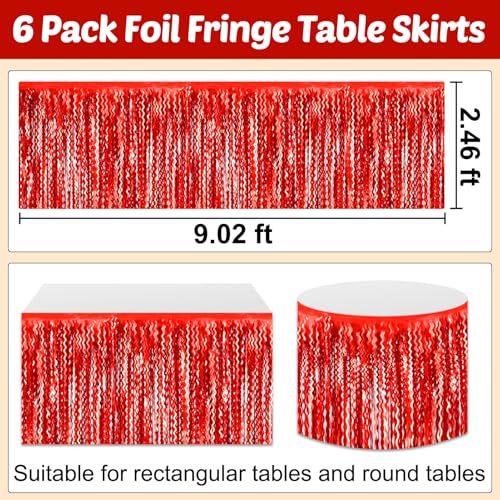 Red Foil Fringe Table Skirt 29x108 Inches Party Decorations for Weddings, Mardi Gras & Events - 6 Pack