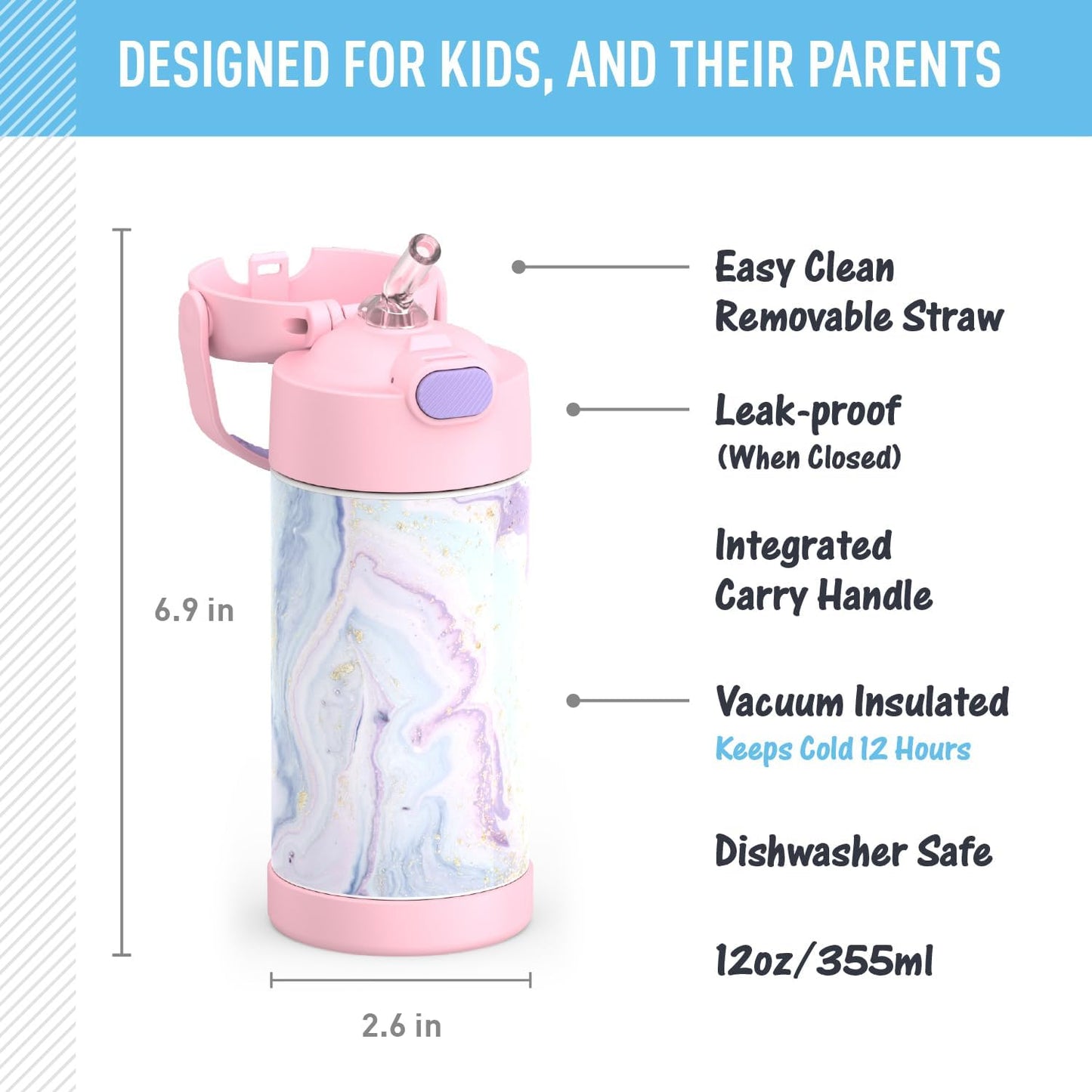 THERMOS FUNTAINER Water Bottle - 12 Ounce Kids Stainless Steel Vacuum Insulated with Straw - Dreamy Design