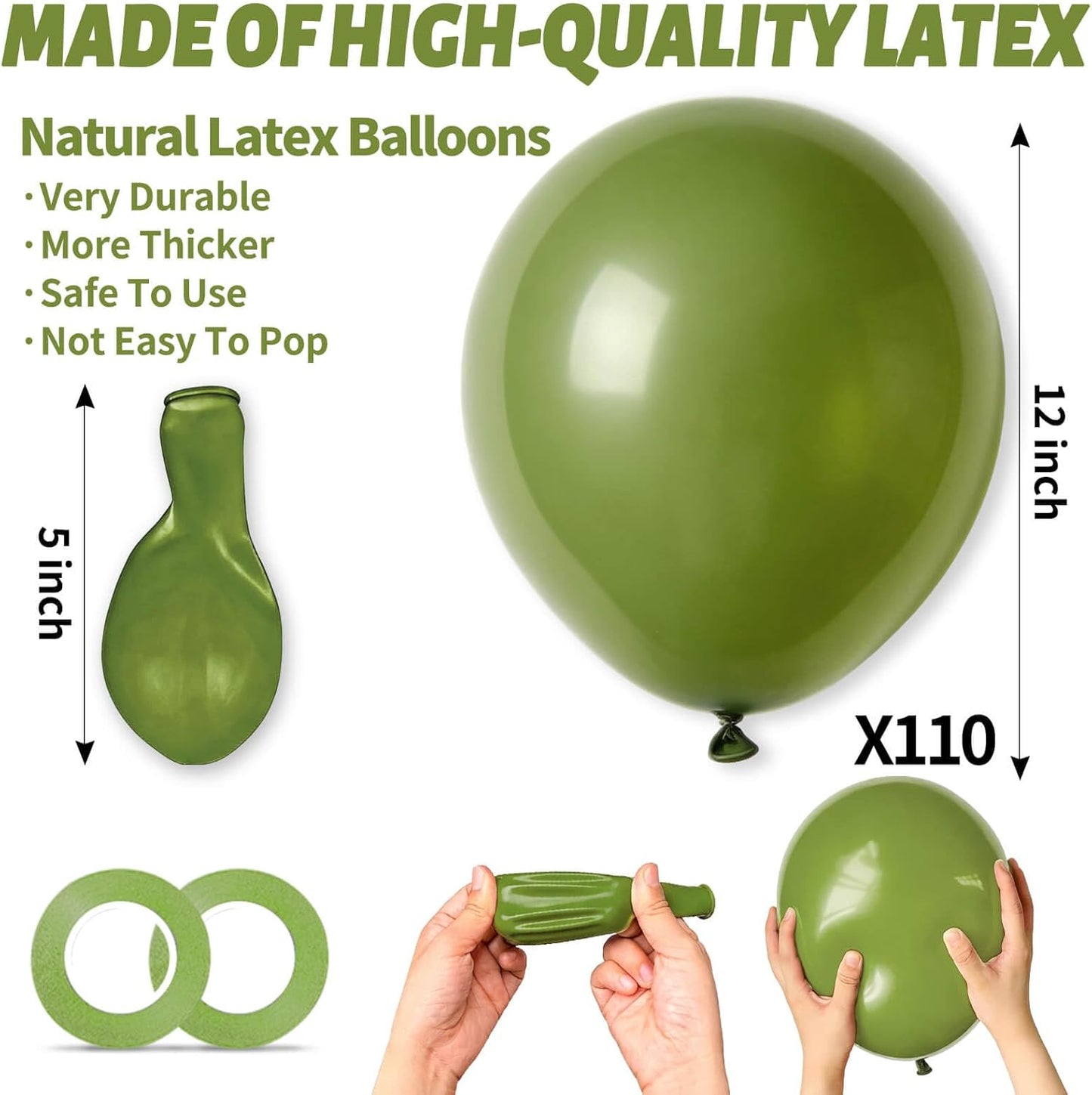 Skiennix 12-Inch Olive Green Latex Balloons - 110 Pack for Birthday Parties & Baby Showers