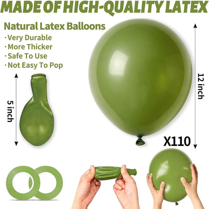 Skiennix 12-Inch Olive Green Latex Balloons - 110 Pack for Birthday Parties & Baby Showers