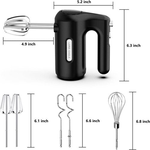 Lord Eagle 5-Speed Hand Mixer - 300W Compact Electric Mixer with 5 Attachments & Storage Bag | Lightweight Black Design for Baking