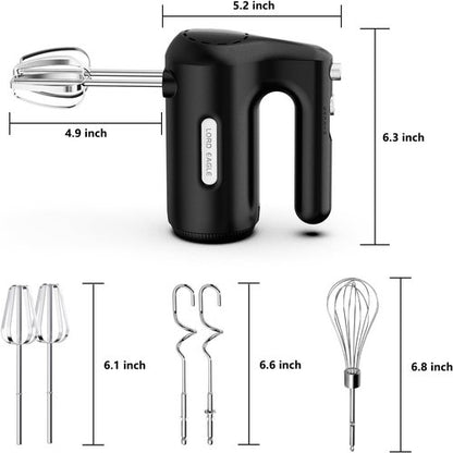 Lord Eagle 5-Speed Hand Mixer - 300W Compact Electric Mixer with 5 Attachments & Storage Bag | Lightweight Black Design for Baking
