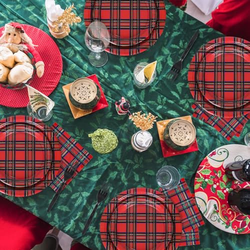 Whaline Christmas Plaid Disposable Tableware Set for 24 Guests - Red Gingham Party Supplies