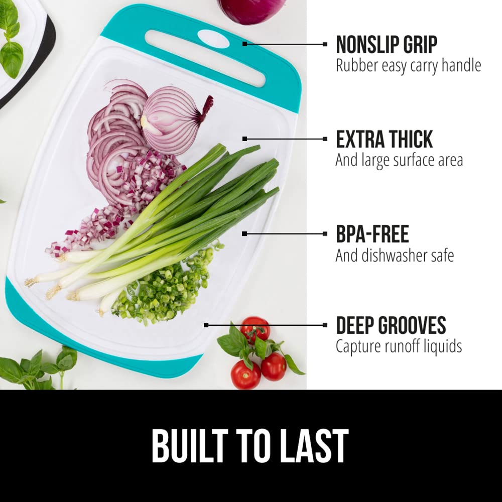 The Original Gorilla Grip Oversized 100% BPA Free Reversible Durable Kitchen Cutting Board Set of 3, Juice Grooves, Dishwasher Safe, Easy Grip Handle Border, Food Chopping Boards, Cooking, Turquoise