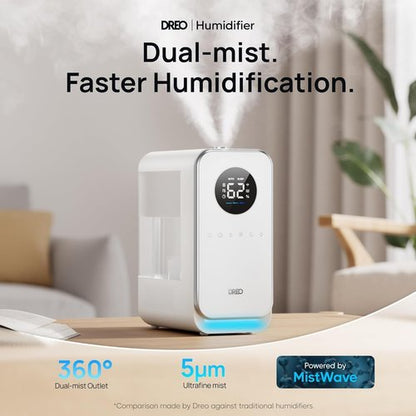 DREO Smart Cool Mist Humidifier - Quiet Top-Fill Design for Large Rooms | 50-Hour Runtime, White