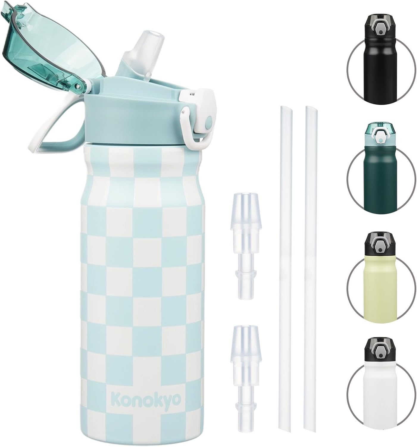 Skiennix Insulated Water Bottle - 18 oz Stainless Steel Flask with Straw & Carry Loop | Blue White Plaid