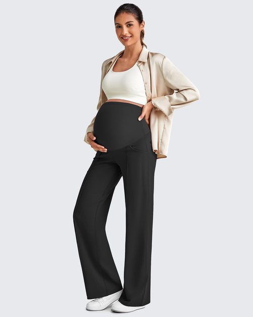 G4Free Maternity Dress Pants Work Pregnancy Outfits Front Pleats Yoga Pants Over The Belly Sweatpants Wide Leg Pants Loungewear (Black,M,Regular)