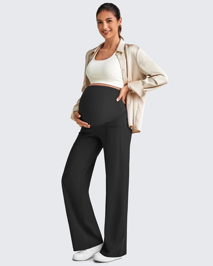 G4Free Maternity Dress Pants Work Pregnancy Outfits Front Pleats Yoga Pants Over The Belly Sweatpants Wide Leg Pants Loungewear (Black,M,Regular)