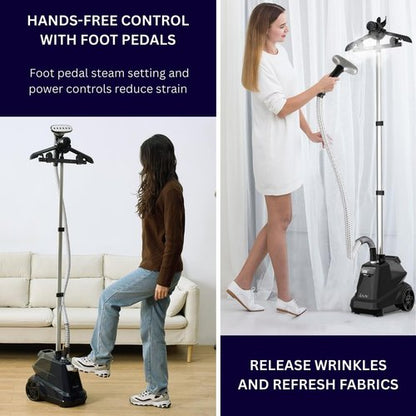 SALAV Commercial-Grade Standing Garment Steamer for Clothes with Auto-Off Safety 1800W Powerful Steam X-Large 3L Water Tank, 90-Min Continuous Use, Pedal-Control System, Beeps when Out of Water, Navy