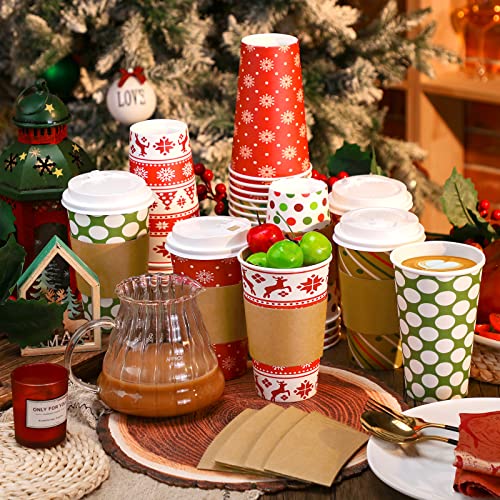 30 Sets Christmas Disposable Coffee Cups with Lids & Sleeves 16 oz - Fresh